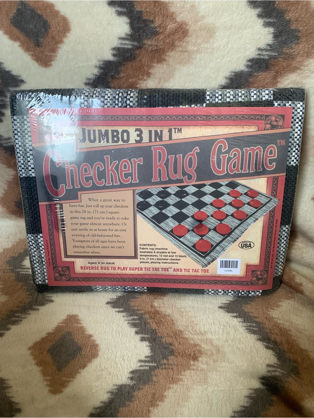 Checker Rug Game 3 in 1 Checkers and Tic-Tac-Toe (28" x 28") New